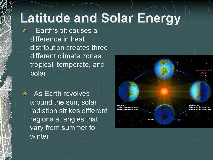 Latitude and Solar Energy Earth’s tilt causes a difference in heat distribution creates three