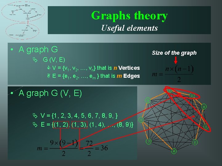 Graphs theory Useful elements • A graph G Ä G (V, E) C V