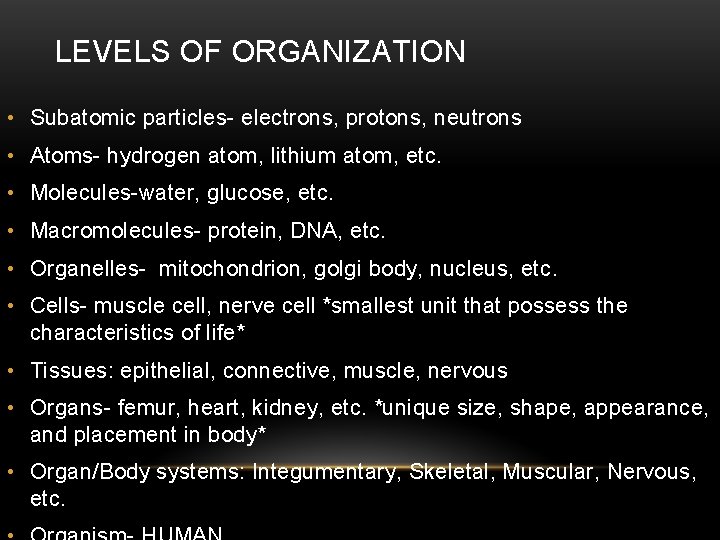 LEVELS OF ORGANIZATION • Subatomic particles- electrons, protons, neutrons • Atoms- hydrogen atom, lithium