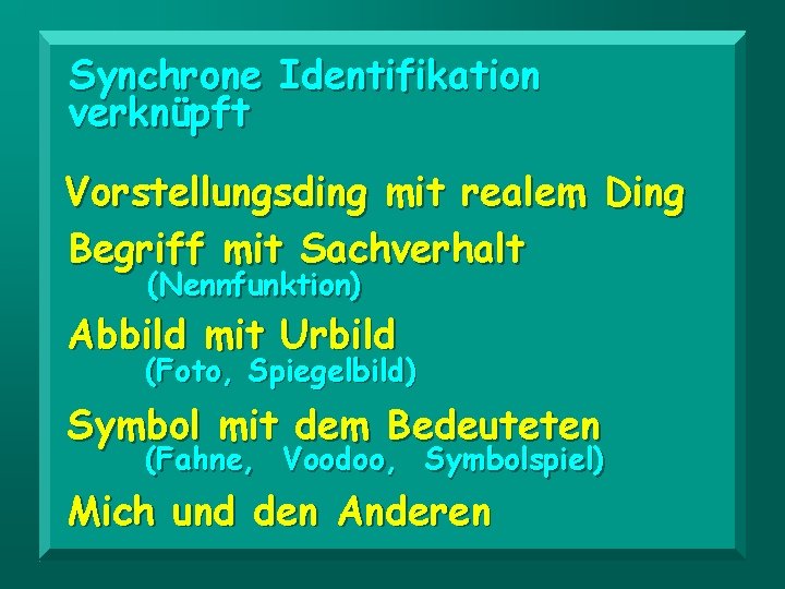 Synchrone Identifikation verknüpft Vorstellungsding mit realem Ding Begriff mit Sachverhalt (Nennfunktion) Abbild mit Urbild