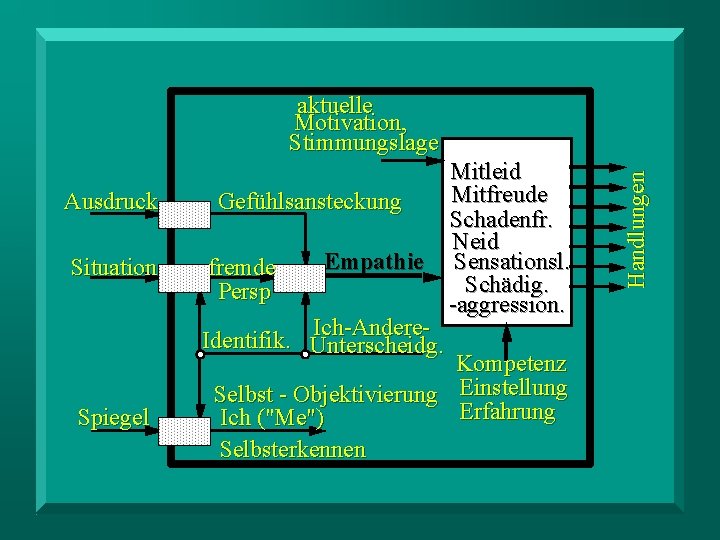 Ausdruck Situation Spiegel Mitleid Mitfreude Gefühlsansteckung Schadenfr. Neid Empathie Sensationsl. fremde Schädig. Persp -aggression.