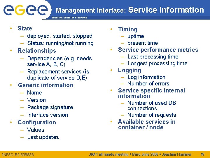 Management Interface: Service Information Enabling Grids for E-scienc. E • State – deployed, started,