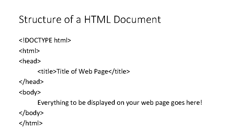 Structure of a HTML Document <!DOCTYPE html> <head> <title>Title of Web Page</title> </head> <body>