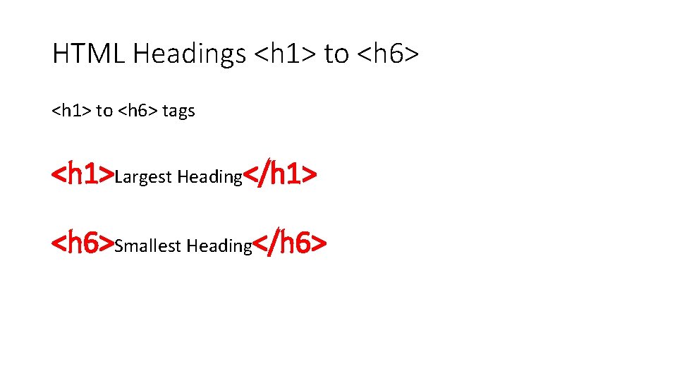 HTML Headings <h 1> to <h 6> tags <h 1>Largest Heading</h 1> <h 6>Smallest