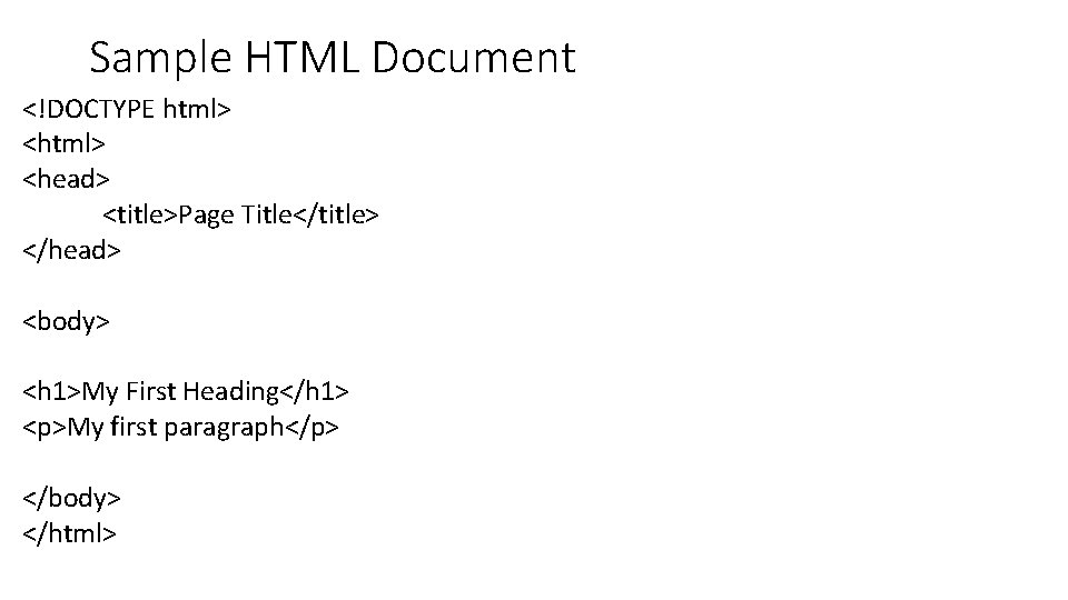 Sample HTML Document <!DOCTYPE html> <head> <title>Page Title</title> </head> <body> <h 1>My First Heading</h
