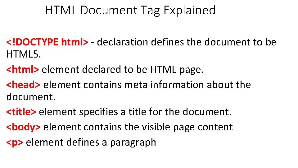 HTML Document Tag Explained <!DOCTYPE html> - declaration defines the document to be HTML