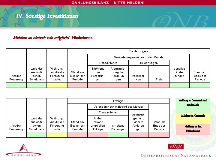 IV. Sonstige Investitionen Melden: so einfach wie möglich! Niederlande Forderungen Veränderungen während des Monats