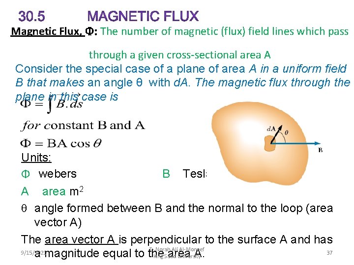 Magnetic Flux, F: The number of magnetic (flux) field lines which pass through a