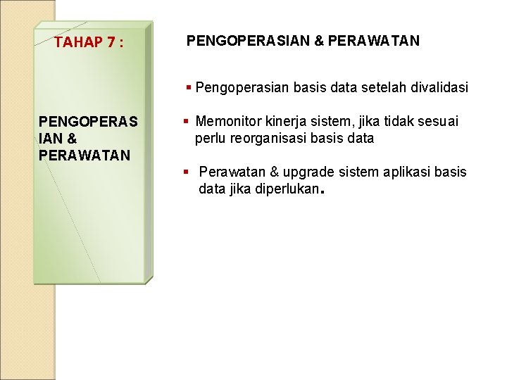 TAHAP 7 : PENGOPERASIAN & PERAWATAN § Pengoperasian basis data setelah divalidasi PENGOPERAS IAN