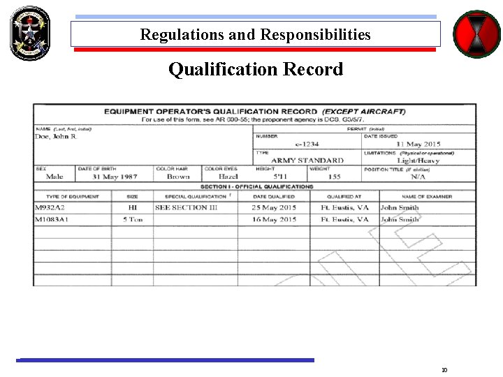 Regulations and Responsibilities Qualification Record 10 