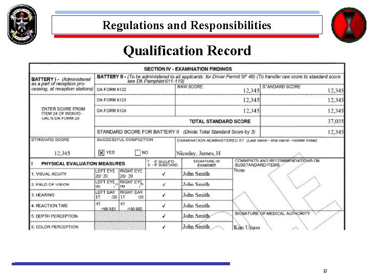 Regulations and Responsibilities Qualification Record 12 