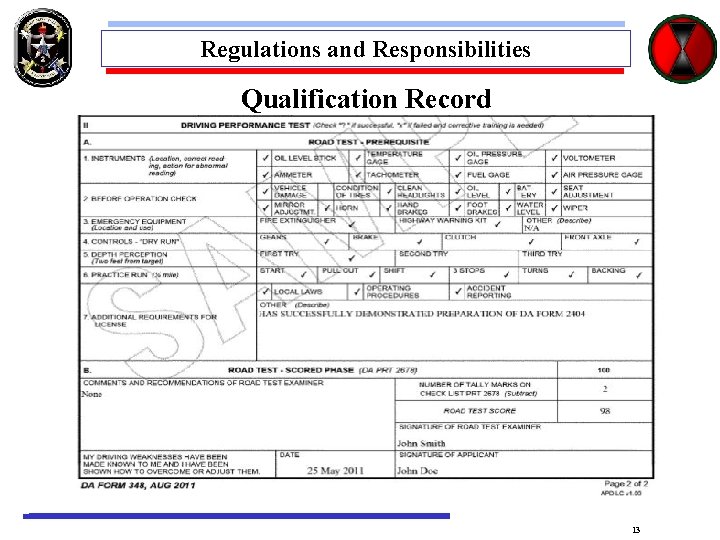 Regulations and Responsibilities Qualification Record 13 