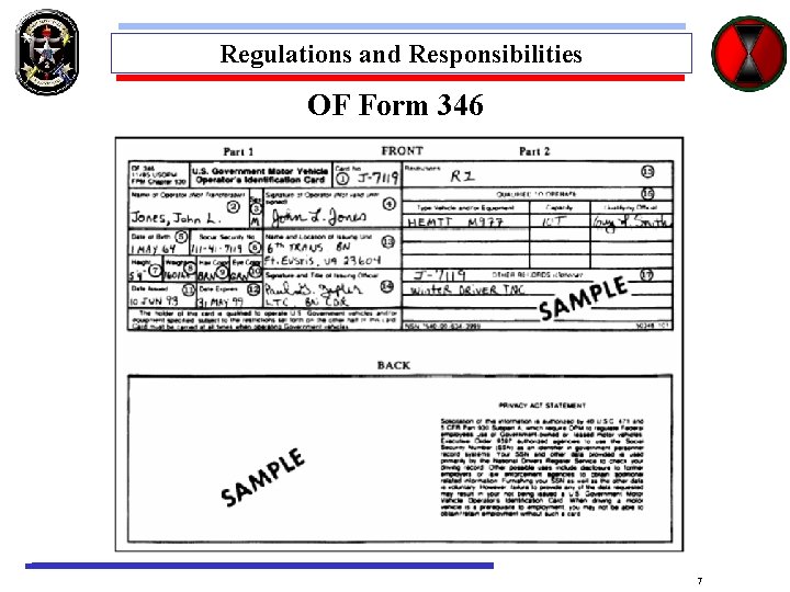 Regulations and Responsibilities OF Form 346 7 