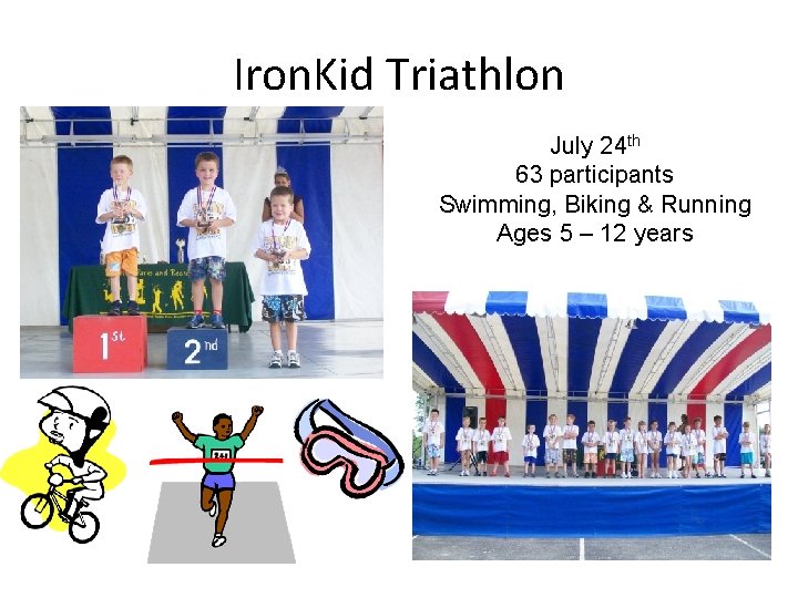 Iron. Kid Triathlon July 24 th 63 participants Swimming, Biking & Running Ages 5