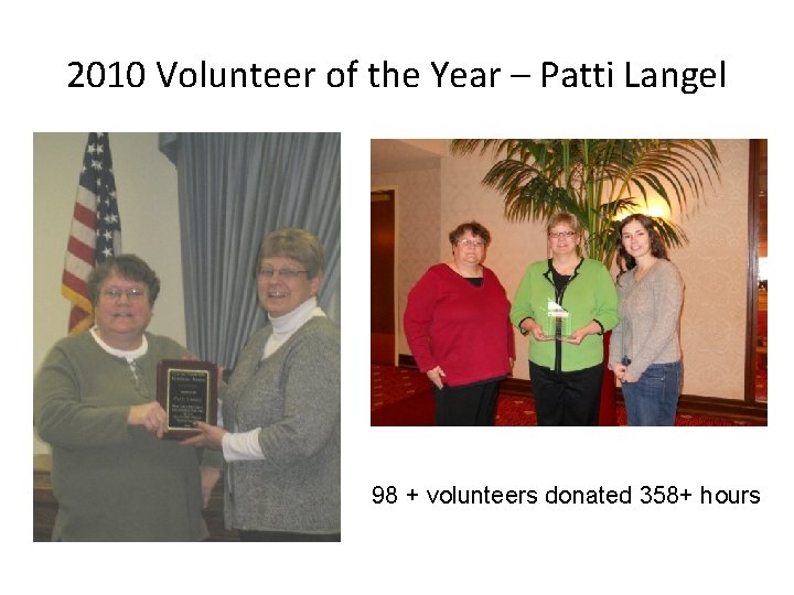 2010 Volunteer of the Year – Patti Langel 98 + volunteers donated 358+ hours