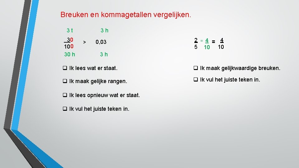 Breuken en kommagetallen vergelijken. 3 t 30 10 0 30 h 3 h >