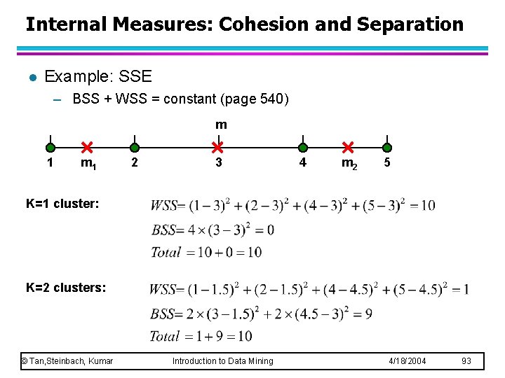 Internal Measures: Cohesion and Separation l Example: SSE – BSS + WSS = constant