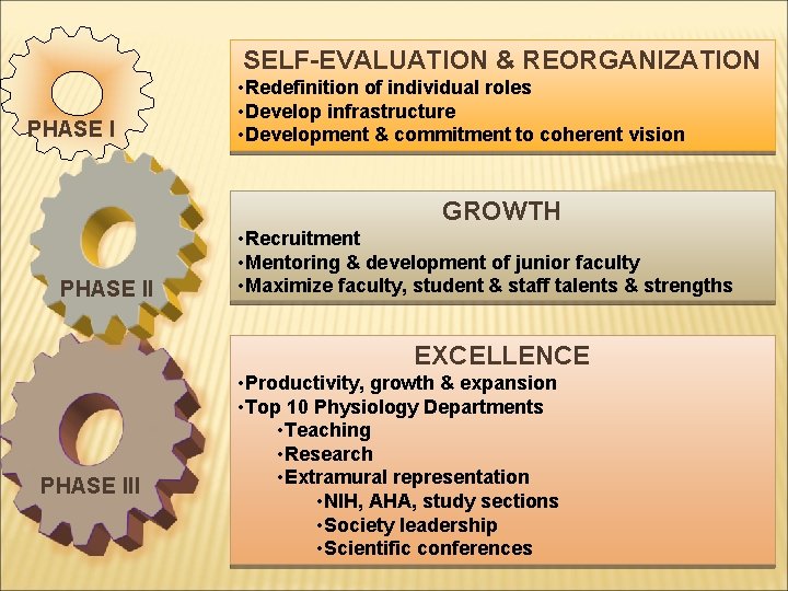 SELF-EVALUATION & REORGANIZATION PHASE I • Redefinition of individual roles • Develop infrastructure •