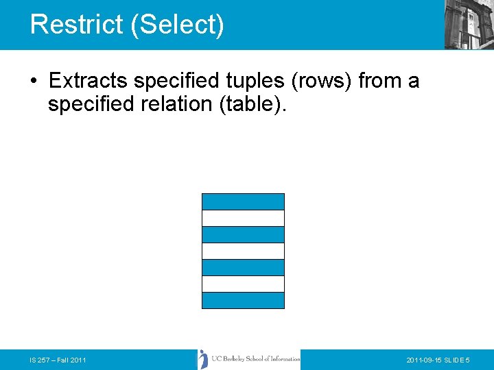 Restrict (Select) • Extracts specified tuples (rows) from a specified relation (table). IS 257