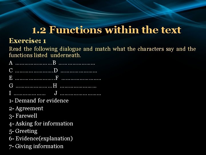 1. 2 Functions within the text Exercise: 1 Read the following dialogue and match