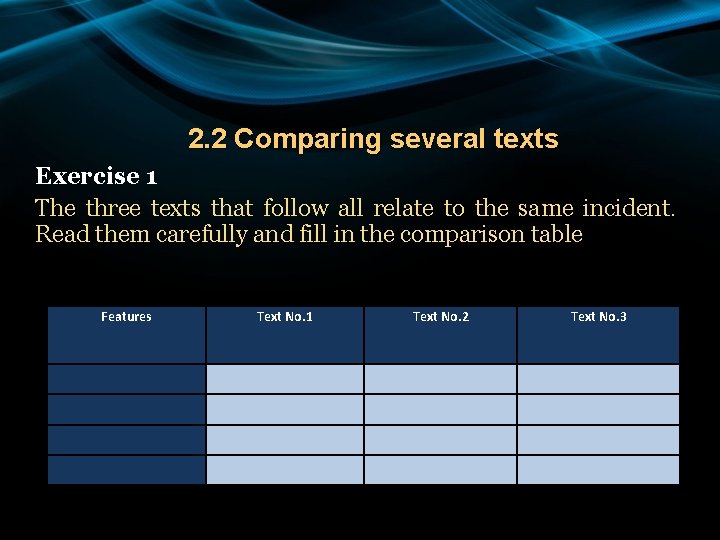 2. 2 Comparing several texts Exercise 1 The three texts that follow all relate