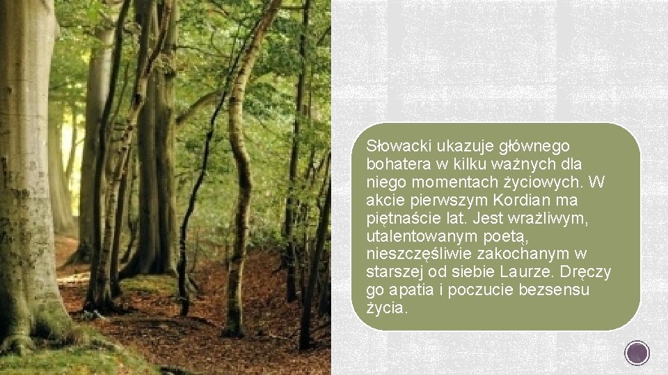 Słowacki ukazuje głównego bohatera w kilku ważnych dla niego momentach życiowych. W akcie pierwszym