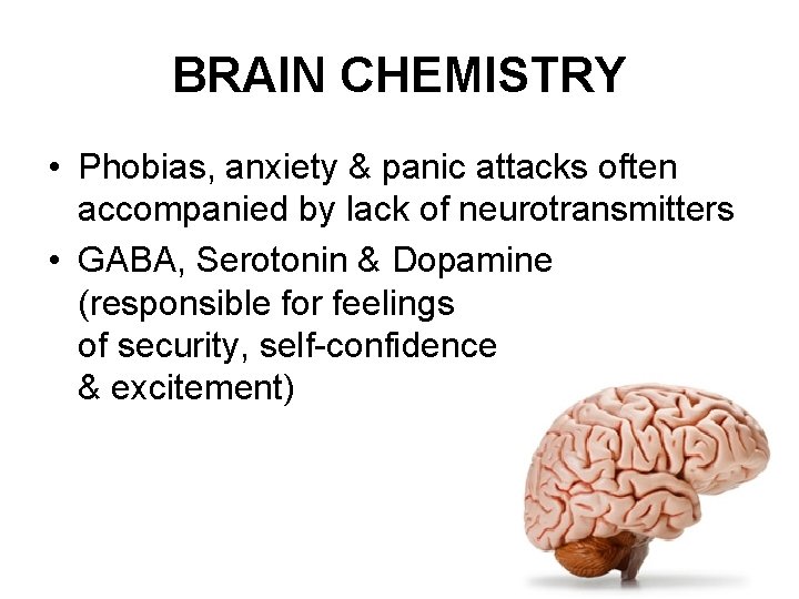 BRAIN CHEMISTRY • Phobias, anxiety & panic attacks often accompanied by lack of neurotransmitters