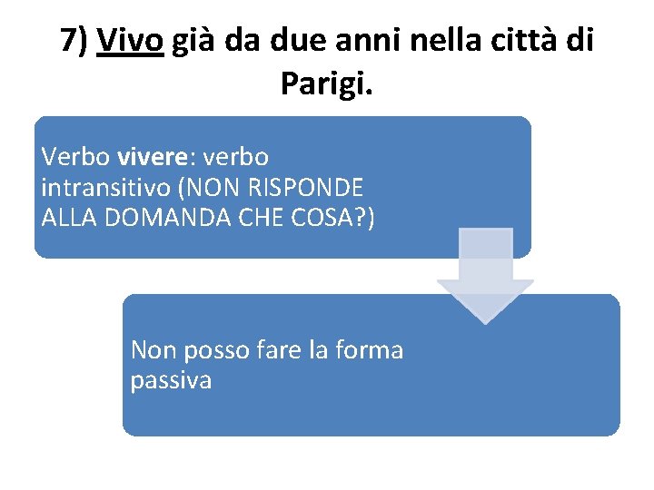 7) Vivo già da due anni nella città di Parigi. Verbo vivere: verbo intransitivo