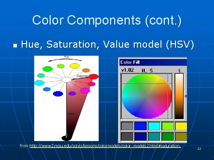 Color Components (cont. ) n Hue, Saturation, Value model (HSV) from http: //www 2.