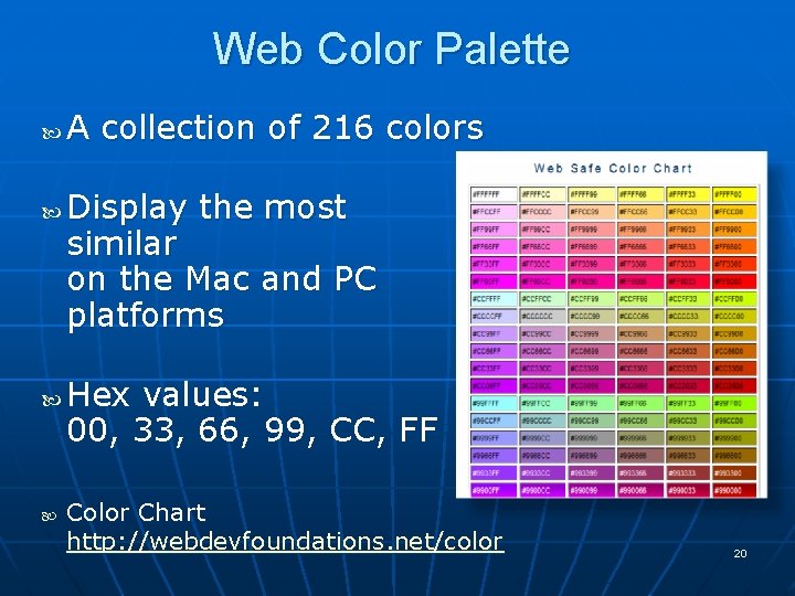 Web Color Palette A collection of 216 colors Display the most similar on the