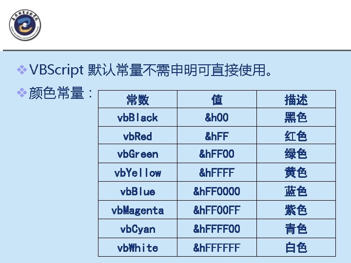 2. VBScript 默�常量 v VBScript 默认常量不需申明可直接使用。 v 颜色常量： 常数 vb. Black 值 &h 00