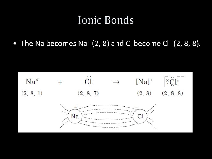 Ionic Bonds • The Na becomes Na+ (2, 8) and Cl become Cl– (2,