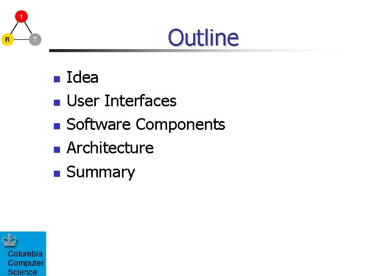 Outline Idea User Interfaces Software Components Architecture Summary 