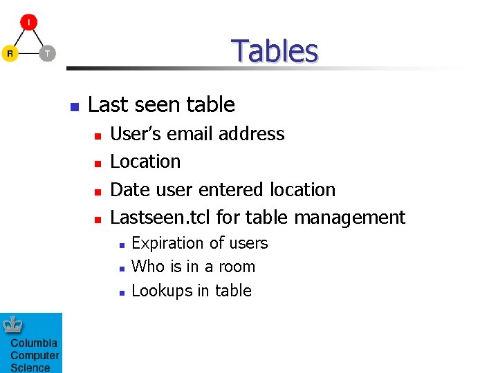 Tables Last seen table User’s email address Location Date user entered location Lastseen. tcl