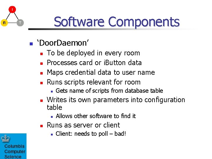 Software Components ‘Door. Daemon’ To be deployed in every room Processes card or i.