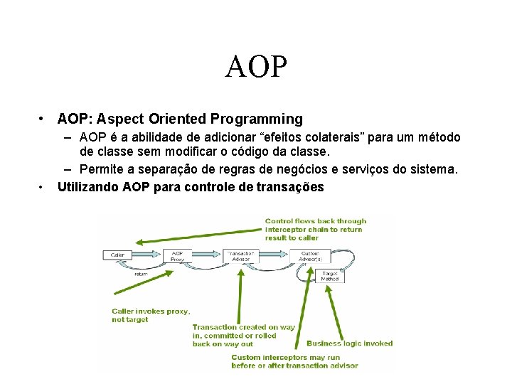 AOP • AOP: Aspect Oriented Programming • – AOP é a abilidade de adicionar