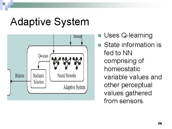 Adaptive System n n Uses Q-learning State information is fed to NN comprising of