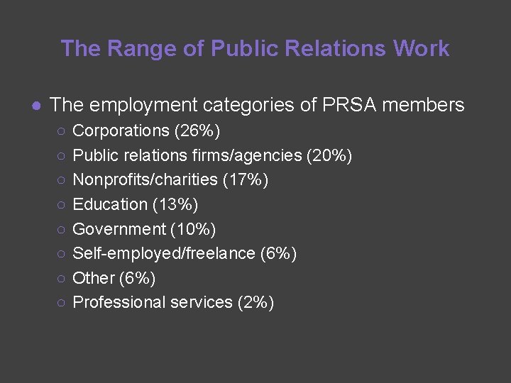 The Range of Public Relations Work ● The employment categories of PRSA members ○