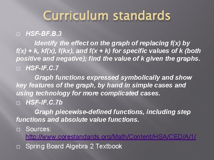 Curriculum standards HSF-BF. B. 3 Identify the effect on the graph of replacing f(x)