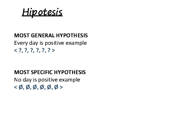 Hipotesis MOST GENERAL HYPOTHESIS Every day is positive example < ? , ? ,