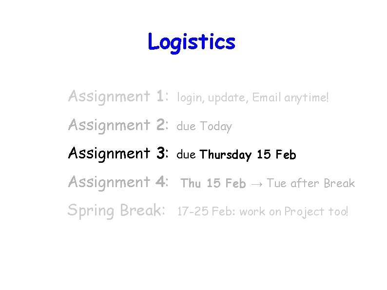 Logistics Assignment 1: login, update, Email anytime! Assignment 2: due Today Assignment 3: due
