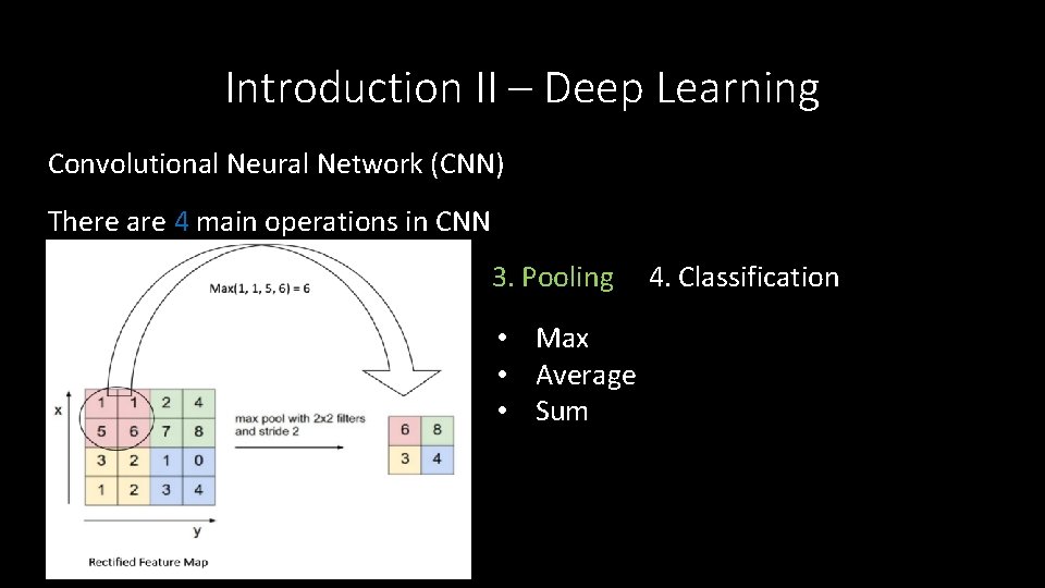Introduction II – Deep Learning Convolutional Neural Network (CNN) There are 4 main operations