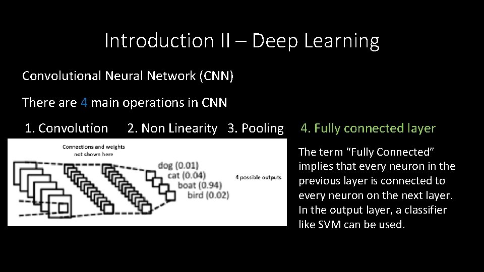 Introduction II – Deep Learning Convolutional Neural Network (CNN) There are 4 main operations