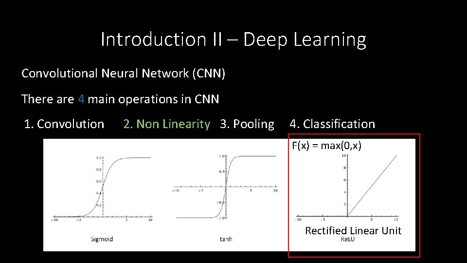Introduction II – Deep Learning Convolutional Neural Network (CNN) There are 4 main operations