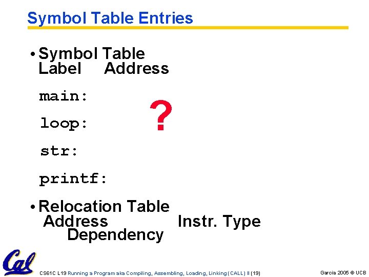 Symbol Table Entries • Symbol Table Label Address main: loop: ? str: printf: •