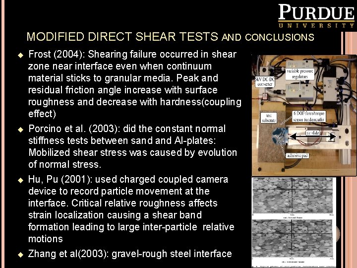MODIFIED DIRECT SHEAR TESTS AND CONCLUSIONS u u Frost (2004): Shearing failure occurred in