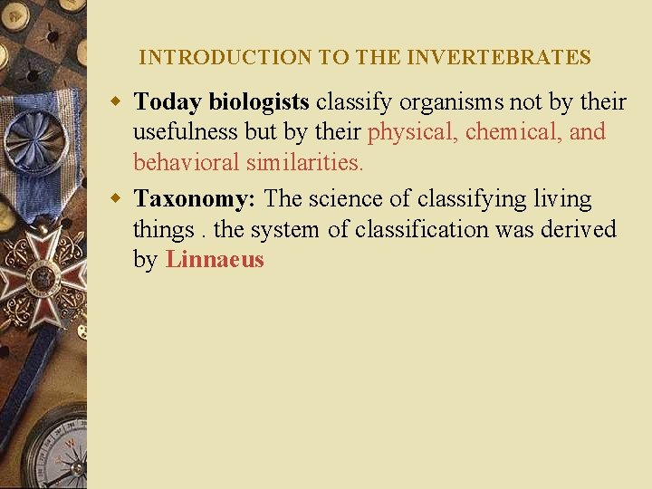 INTRODUCTION TO THE INVERTEBRATES w Today biologists classify organisms not by their usefulness but