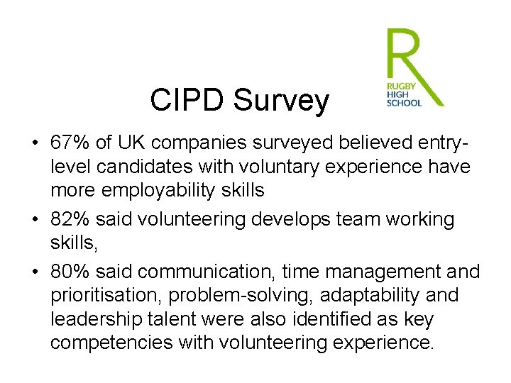CIPD Survey • 67% of UK companies surveyed believed entrylevel candidates with voluntary experience