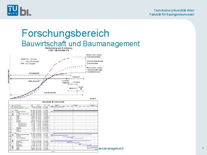 Technische Universität Wien Fakultät für Bauingenieurwesen Forschungsbereich Bauwirtschaft und Baumanagement Prof. Kropik Bauprozessmanagement 7