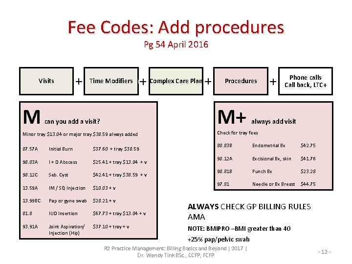 Fee Codes: Add procedures Pg 54 April 2016 Visits M Time Modifiers Complex Care